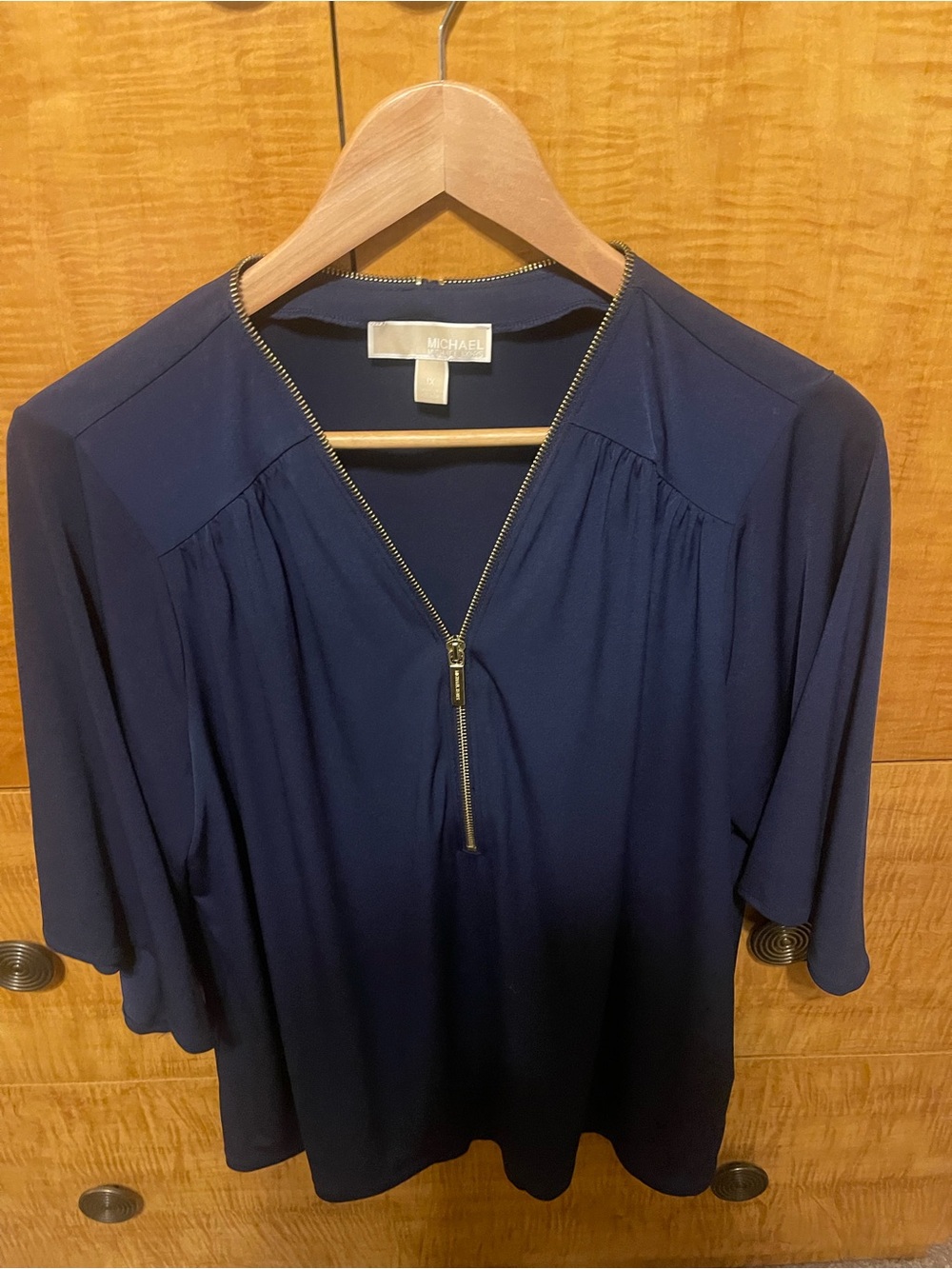 Michael Kors Navy Gold-Zip Half-Sleeve Blouse
